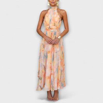 Halter - Neck Watercolour Print Maxi Dress