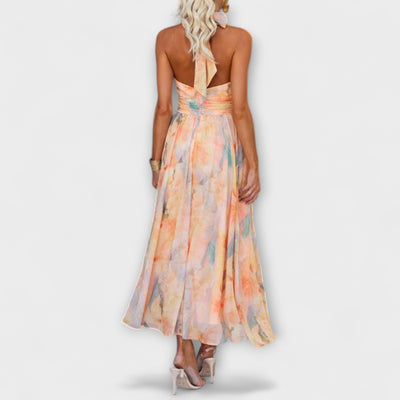 Halter - Neck Watercolour Print Maxi Dress