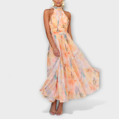 Halter - Neck Watercolour Print Maxi Dress
