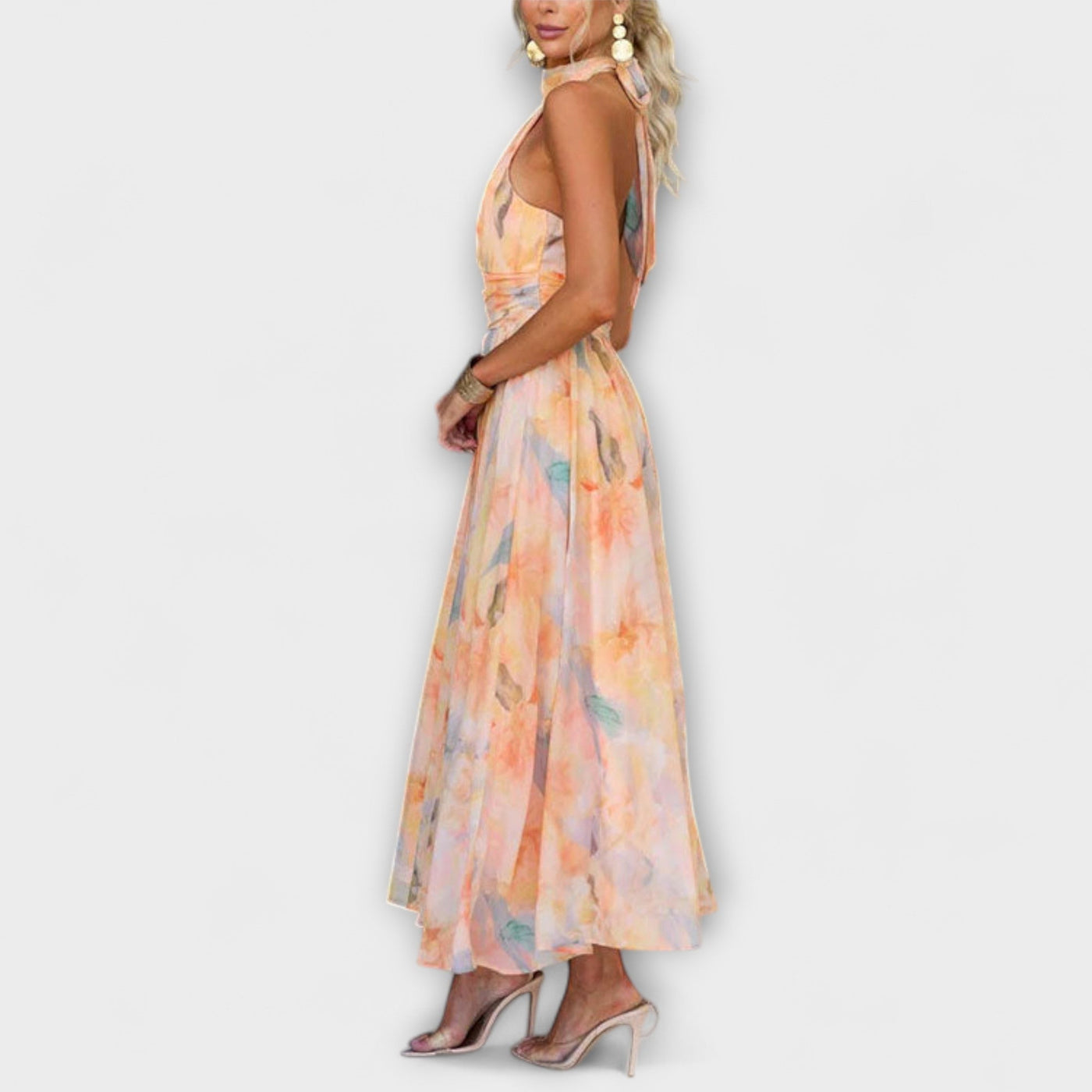 Halter - Neck Watercolour Print Maxi Dress
